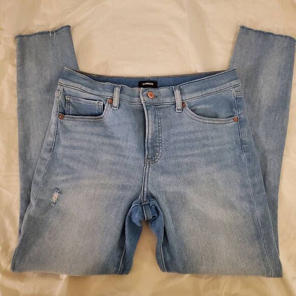 Express light blue skinny ankle distressed midrise raw hem jean 10 long - Picture 3 of 11